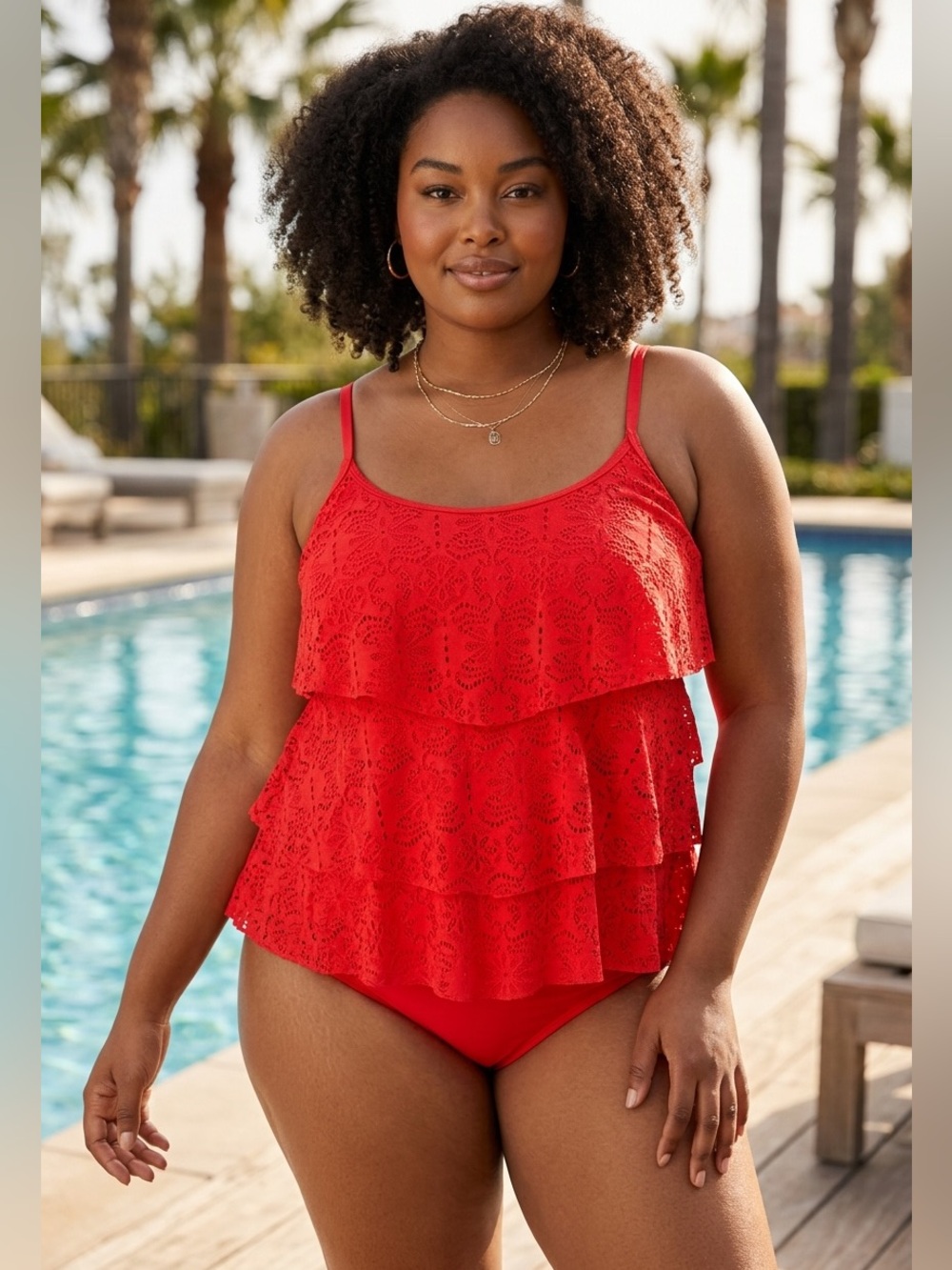 Catherines Red Lace Tiered One-Piece Swimdress